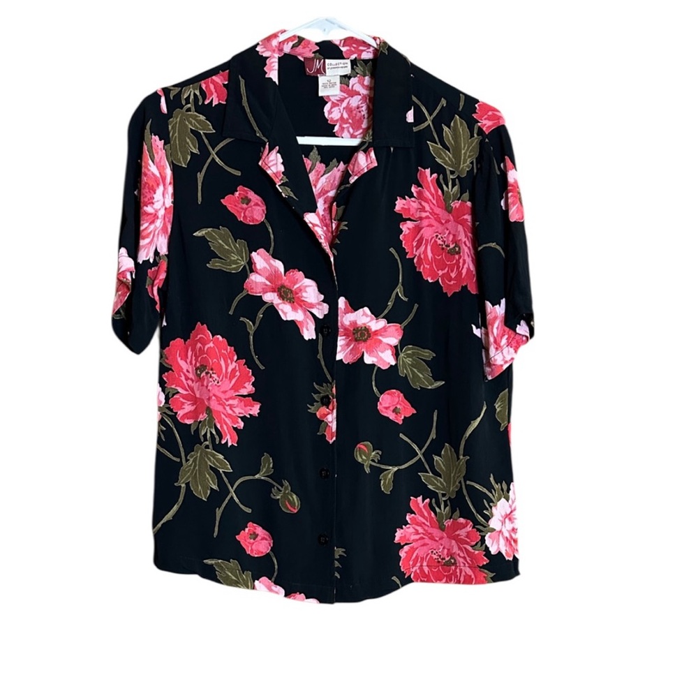 JM Collection Black and Pink Floral Button Down Shirt